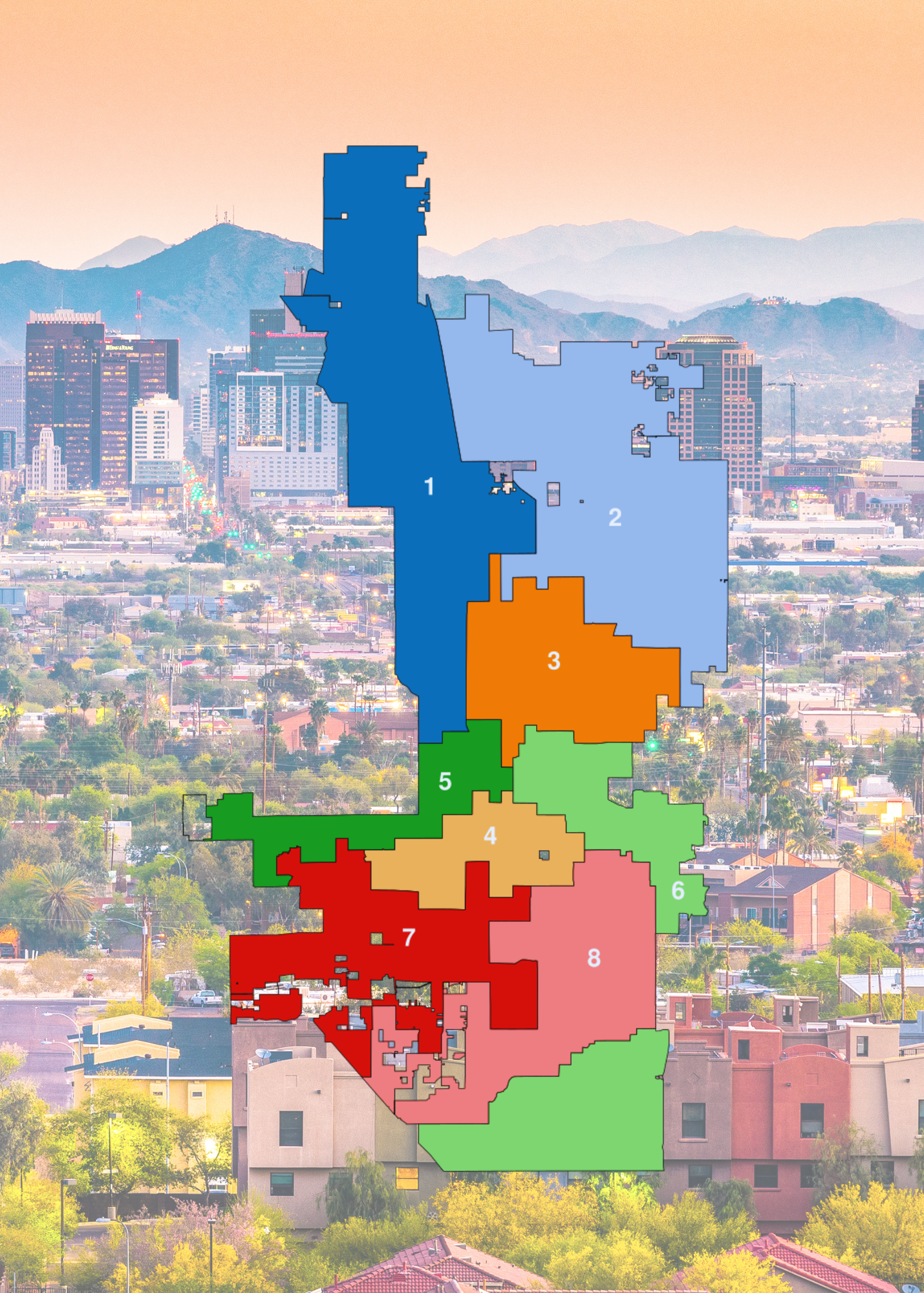 A color-coded Phoenix Council District map is superimposed on a scenic shot of the city skyline with residential homes on the foreground.