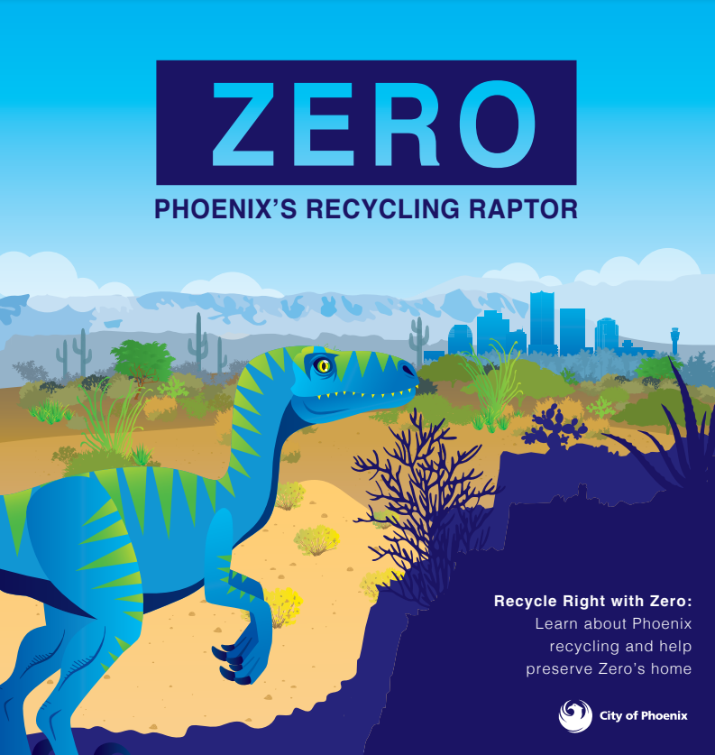 The cover of the Zero Waste activity book featuring Zero, a blue and green velociraptor.