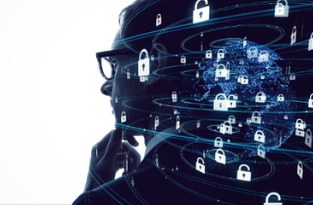 A man wearing glasses, facing away from the viewer, with a thoughtful expression. His left hand rests on his chin, as if deep in thought. Surrounding his head  are digital images of padlocks floating in mid-air, symbolizing concerns about cybersecurity and data protection.