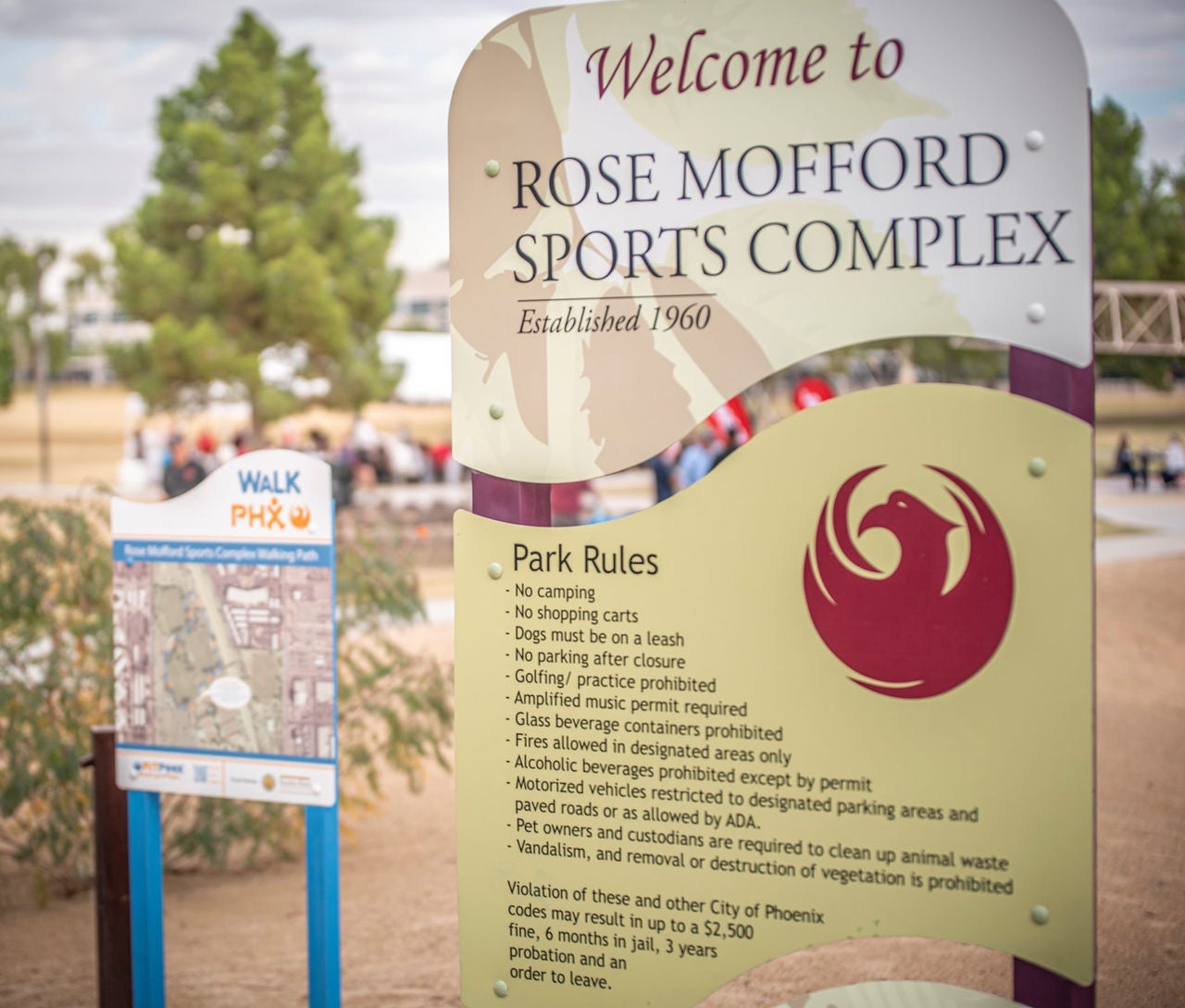 Welcome sign for Rose Mofford Sports Complex with a WalkPHX sign beside it.