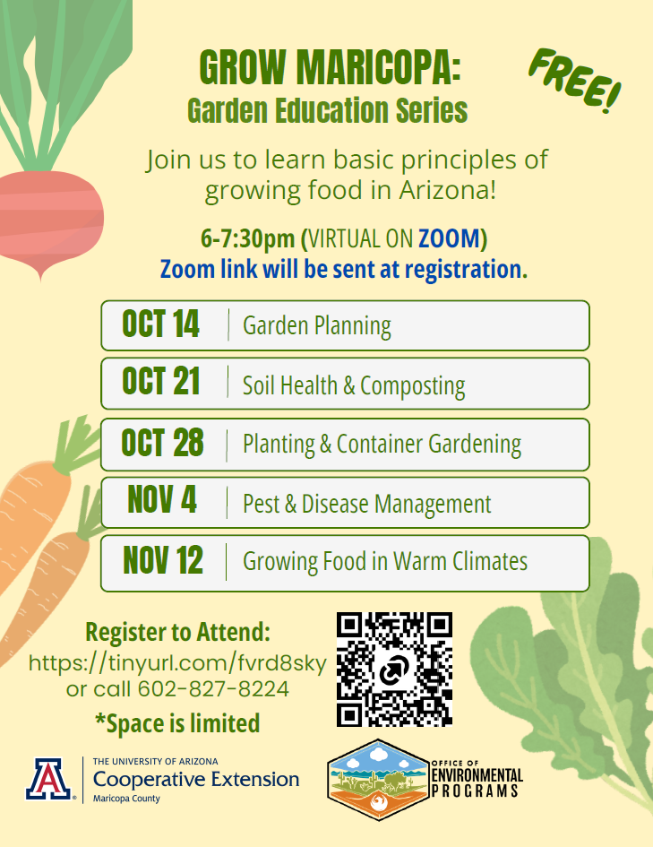 Flyer for free fall 2026 online gardening classes hosted by the University of Arizona Cooperative Extension