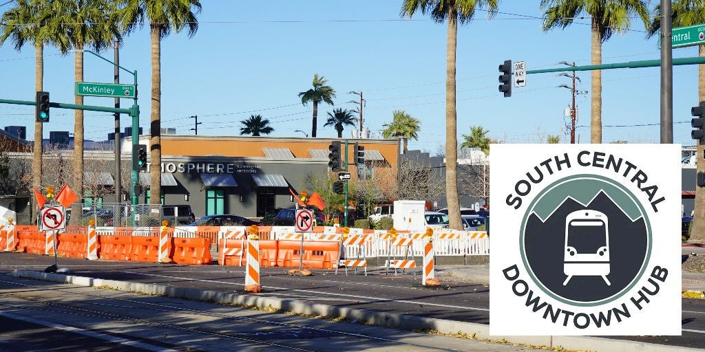 Image of consutrction work happening at an intersection, ovelaid with the South Central Downtown Hub logo.