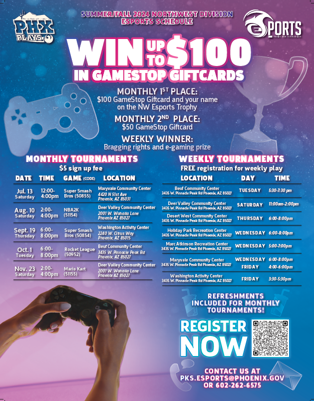 ESports Event Flyer. Tournaments are ofered monthly and weekly at various community centers in Phoenix and prizes can go up to $100 in Gamestop gift cards.