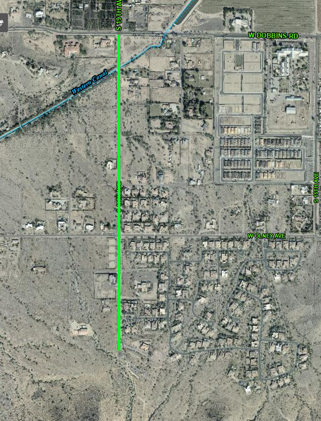 Aerial map of the project area, with a green line marking 19th Avenue.