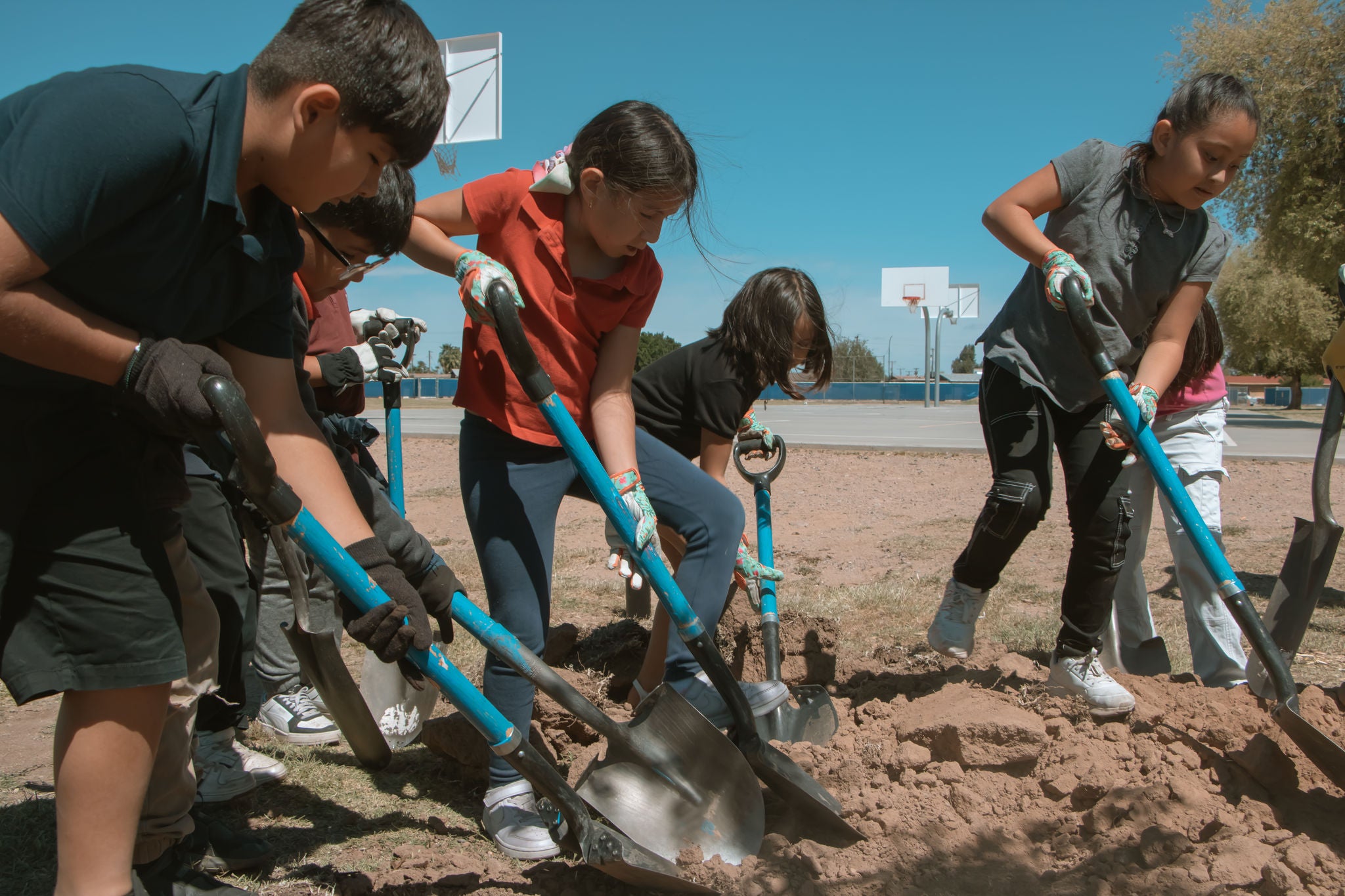 group of kids holding shovels digging a hole.