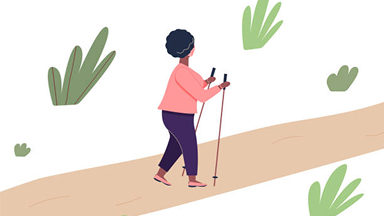 Illustration of a hiker walking on a trail.