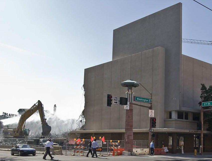 Urban building being demolished.