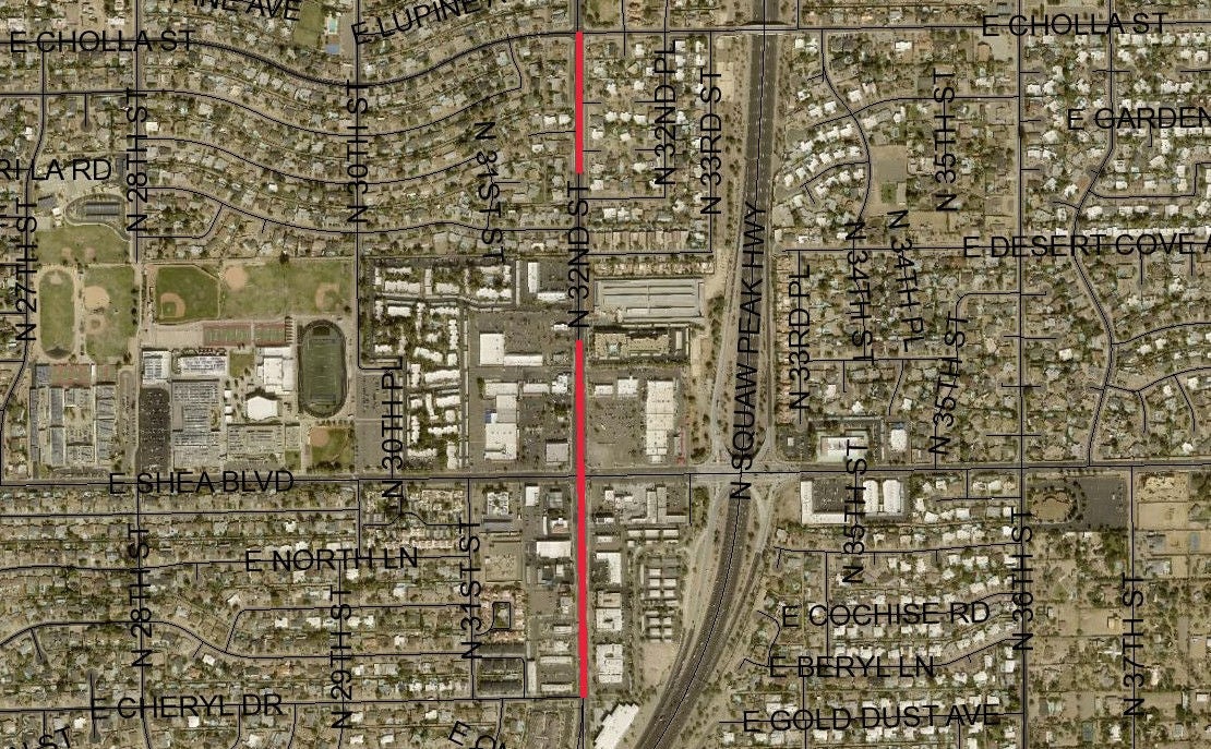 Map with a red line showing the project area on North 32nd street from East Cholla Street to East Cheryl Drive.