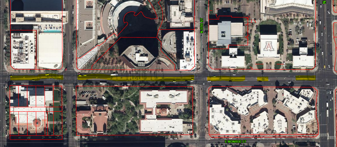 The proposed project area starts at the east side of 2nd Street and Van Buren Street and continues to the western edge of the 7th Street intersection. This map shows the existing median areas highlighted in yellow.