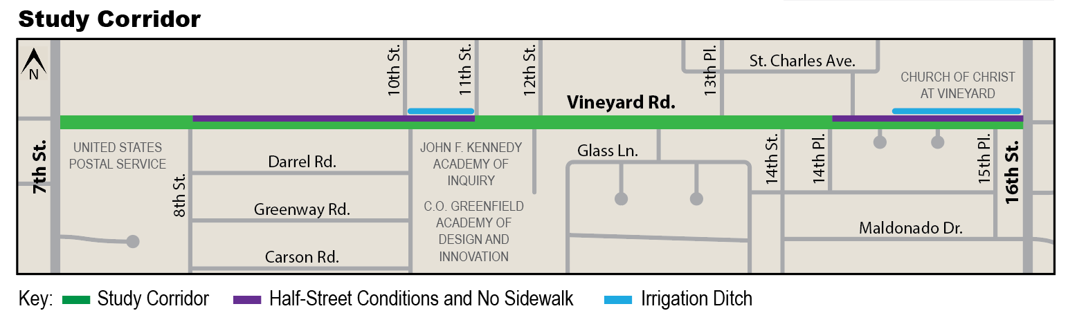 Vineyard Road Pedestrian Safety Study Area, ranging from 7th Street to 16th Street.