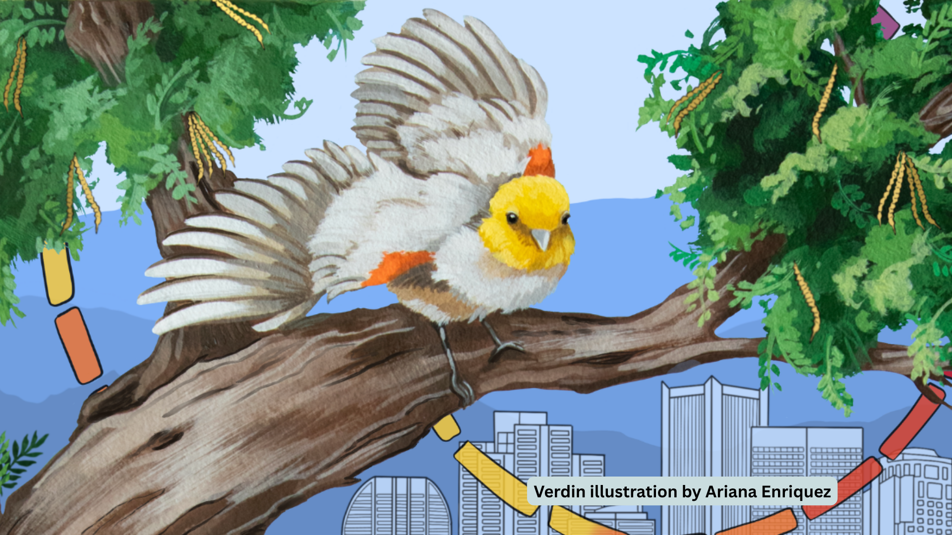 Illustration of a grey bird with a yellow head sitting on a tree with skyline in background