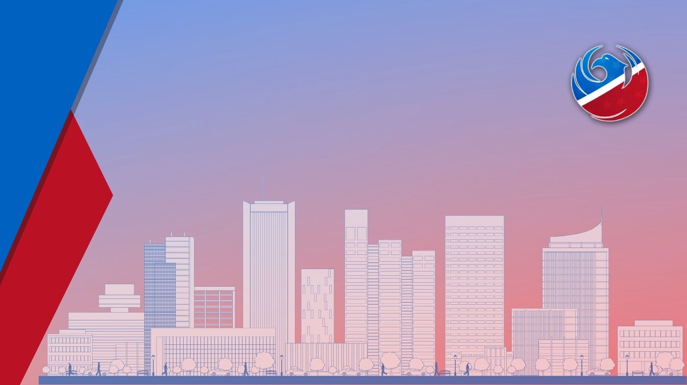 Outline of Phoenix downtown on a red to blue gradient background.