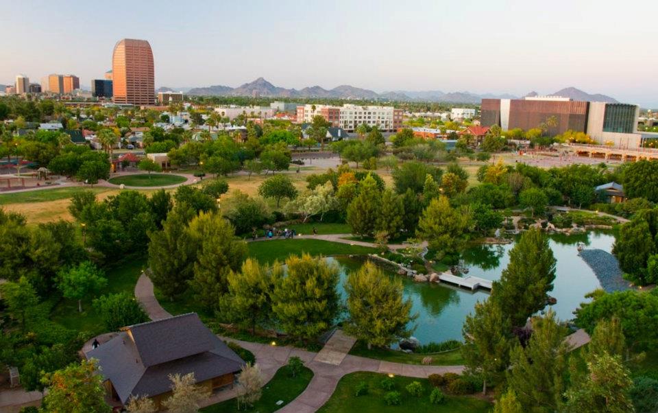Airel view of Hance Park with South Mtn in the distant background