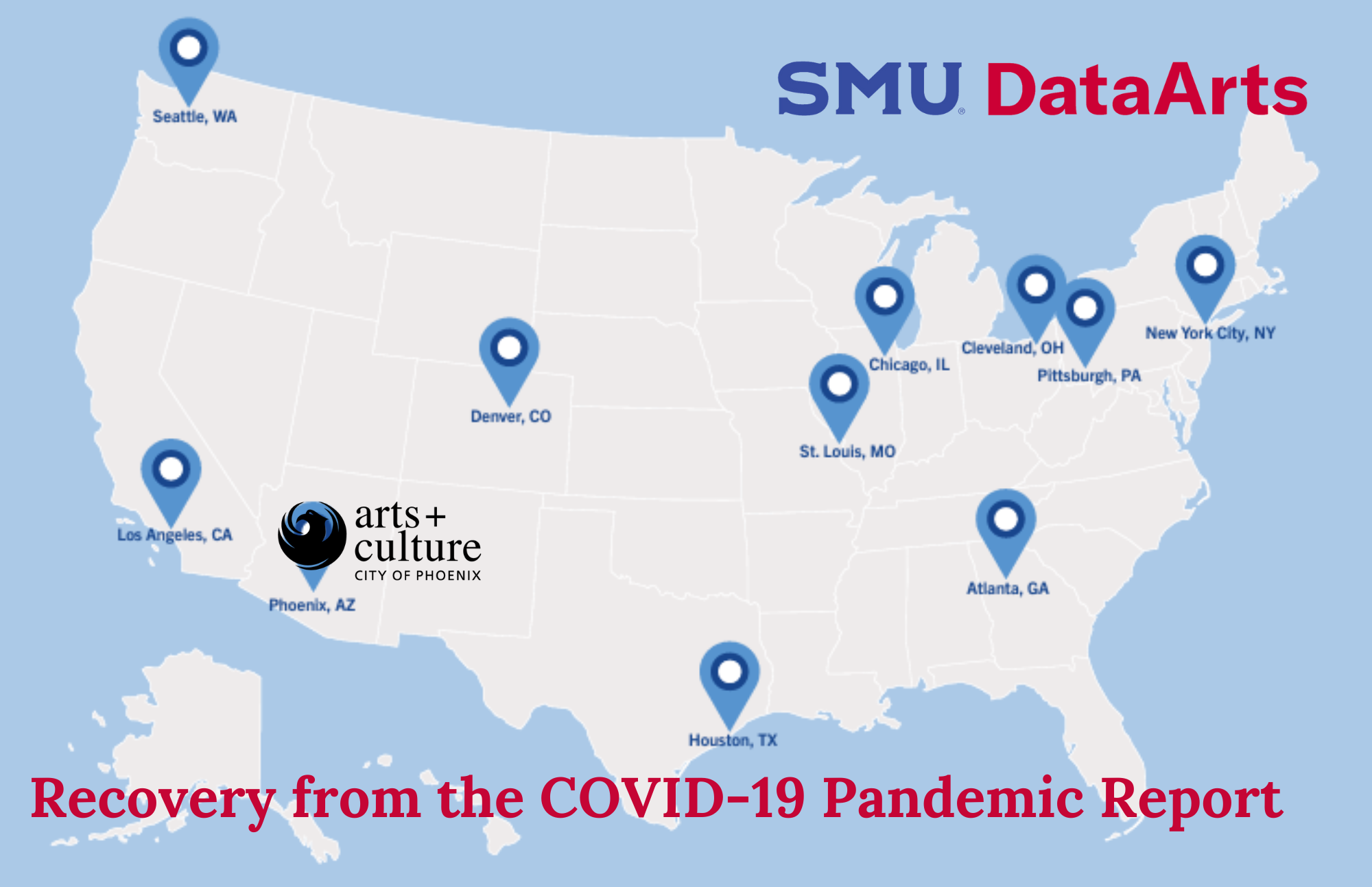 A map of the United States with icons pinpointing several cities across the country, including the United States. "Recover fromt eh COVID-19 Pandemic Report" overlays the map.