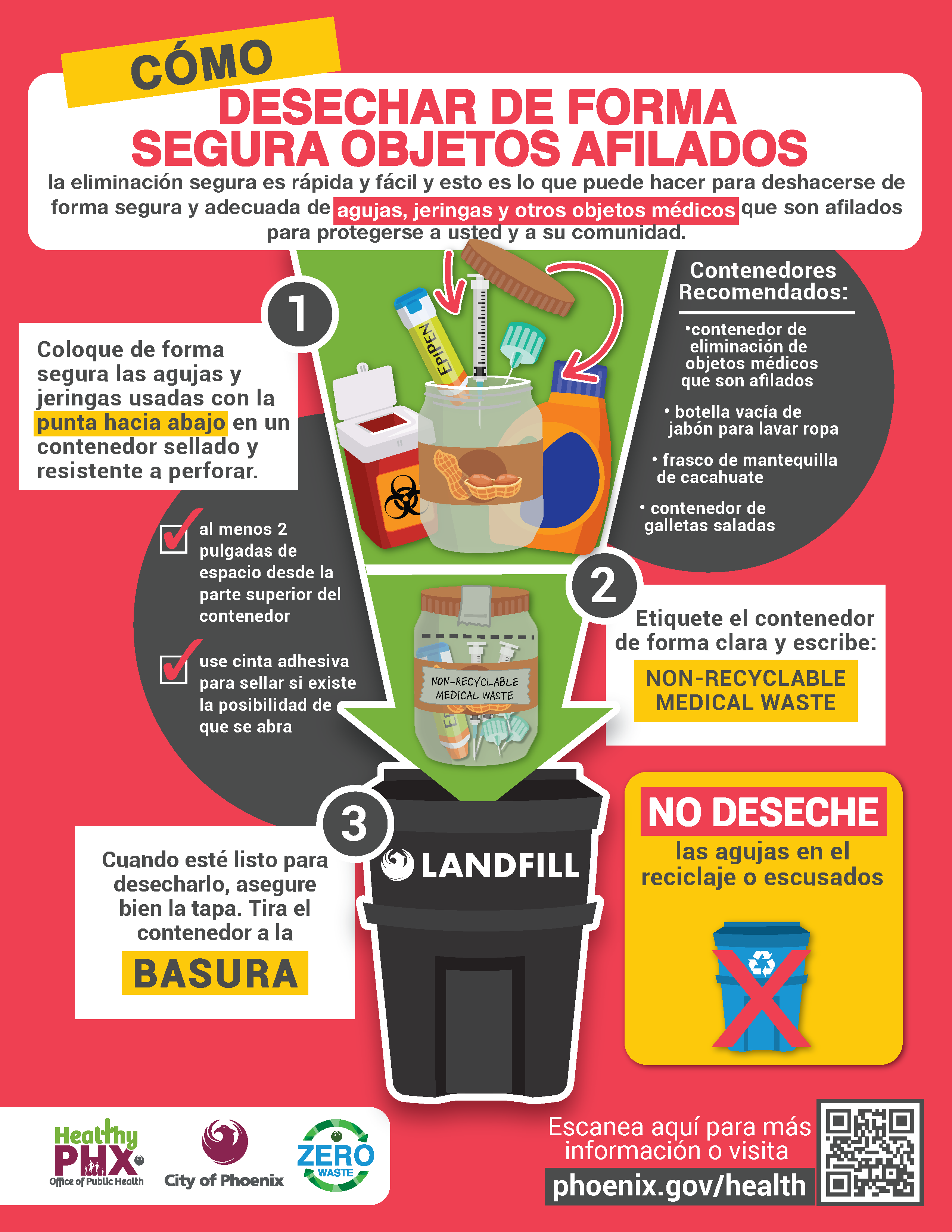 An infographic in Spanish showing how to properly dispose of medical sharps from the City of Phoenix Office of Public Health
