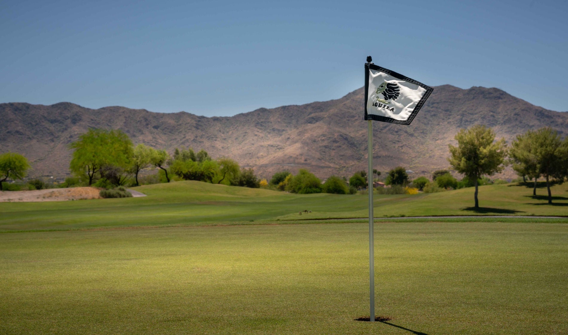A golf course in Phoenix. Mountains are in the background and a golf flag waves in the wind.