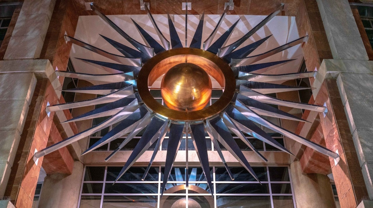 Close up photo of sunburst sculpture at Phoenix city hall.