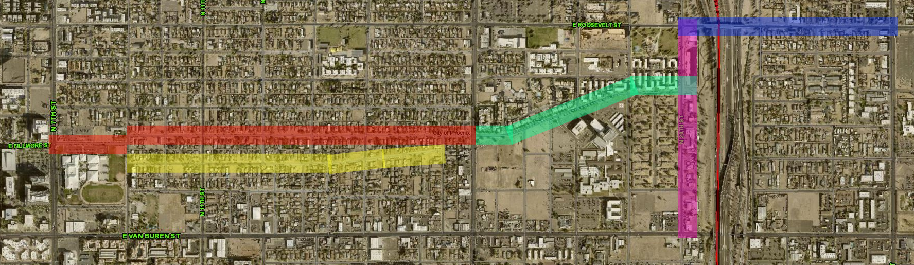 Aerial map of the project area, with color-coded lines depicting the proposed improvement areas.
