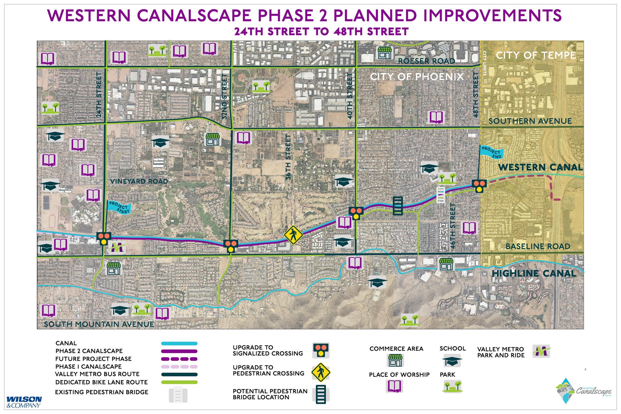 Map showing planned improvements to Western Canalscape from 24th Street to 48th Street