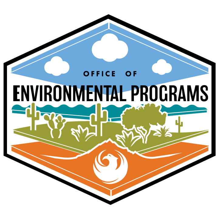 City of Phoenix Office of Environmental Programs logo featuring a stylized desert landscape with cacti, trees, mountains, and a phoenix emblem..