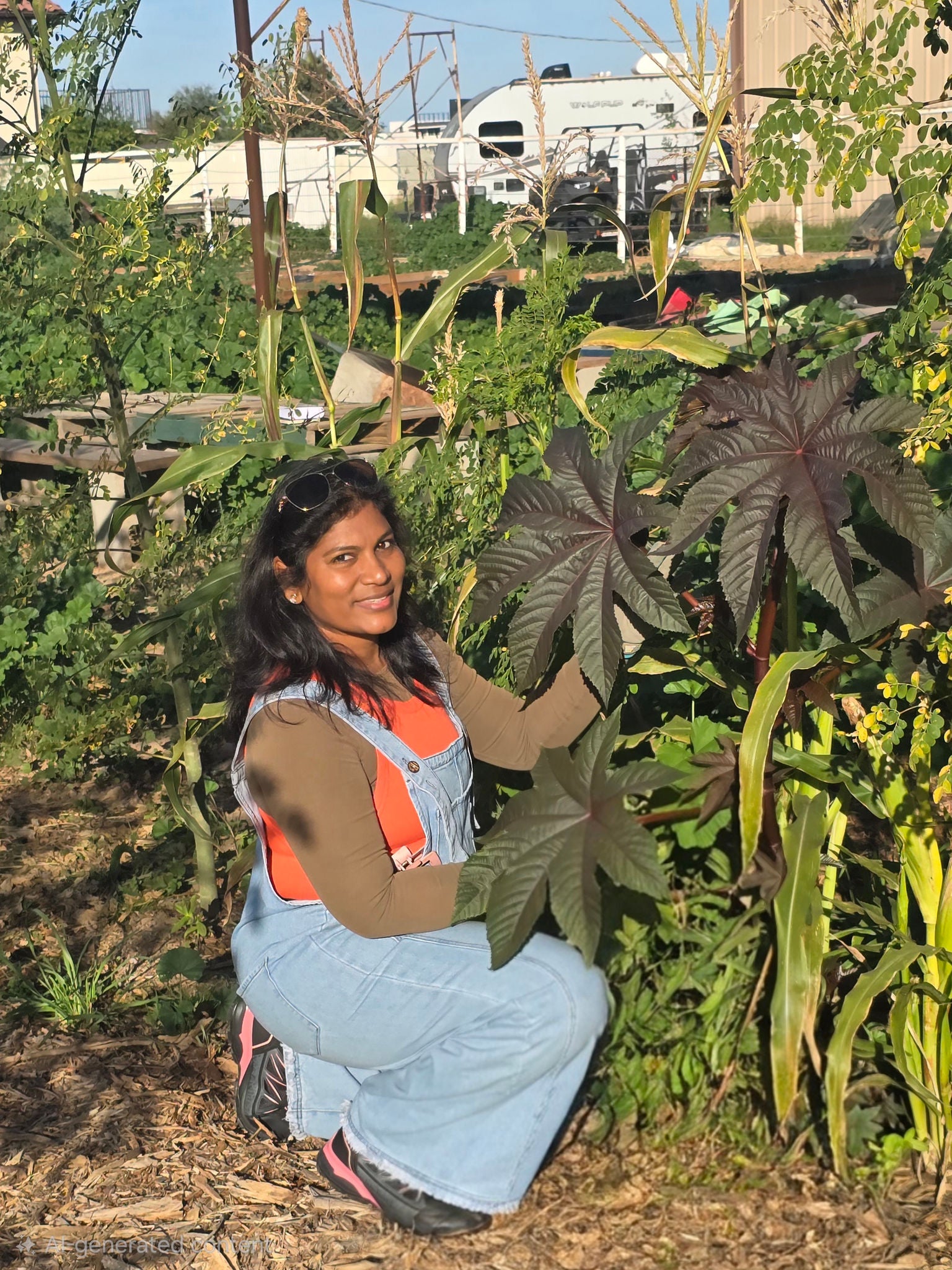 Padmaja, CEO of Silverlining Homestead, stands in front of her demonstration garden.
