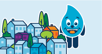 Wayne the water droplet stands next to a multi-family residential community