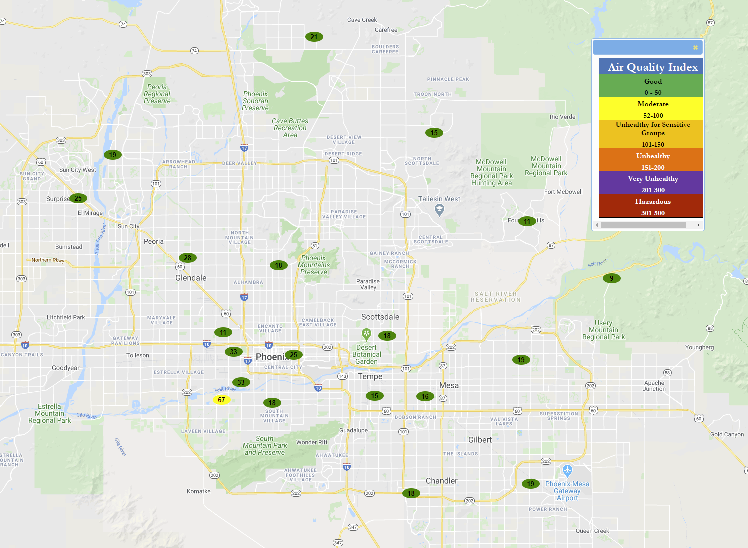 map of air quality monitors in Phoenix