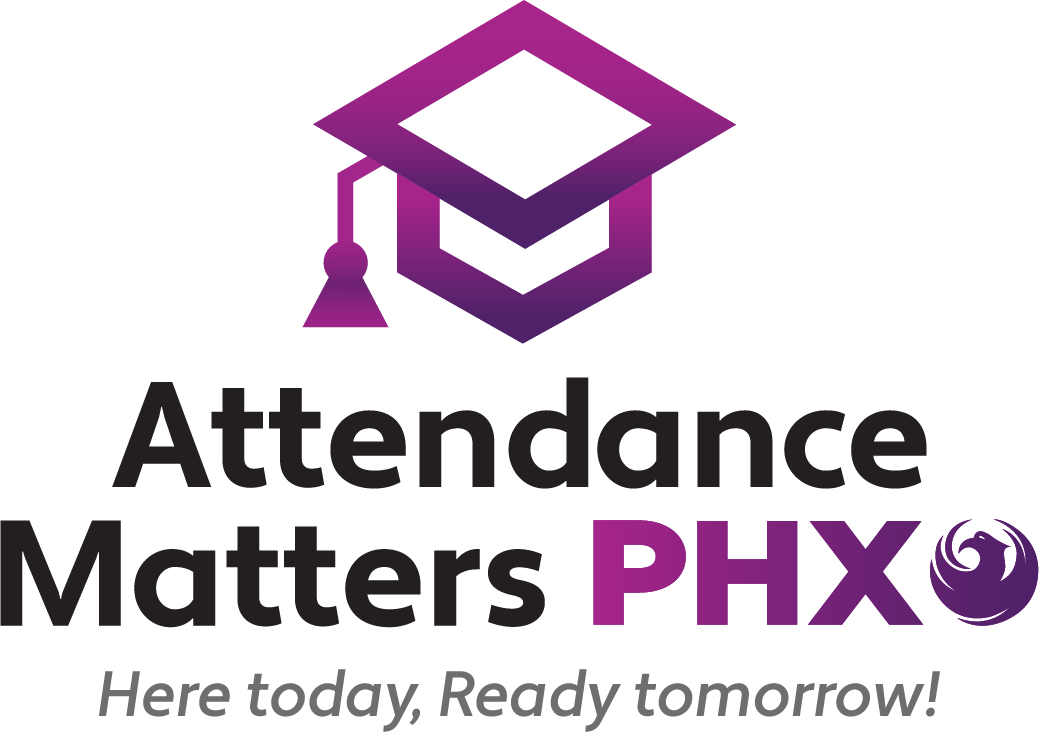 A logo that features a boxy, purple graphic in the shape of a graduation mortarboard. The words "Attendance Matters PHX: Here today, Ready tomorrow" are underneath in gray text. There is also a purple City of Phoenix bird logo to the right.