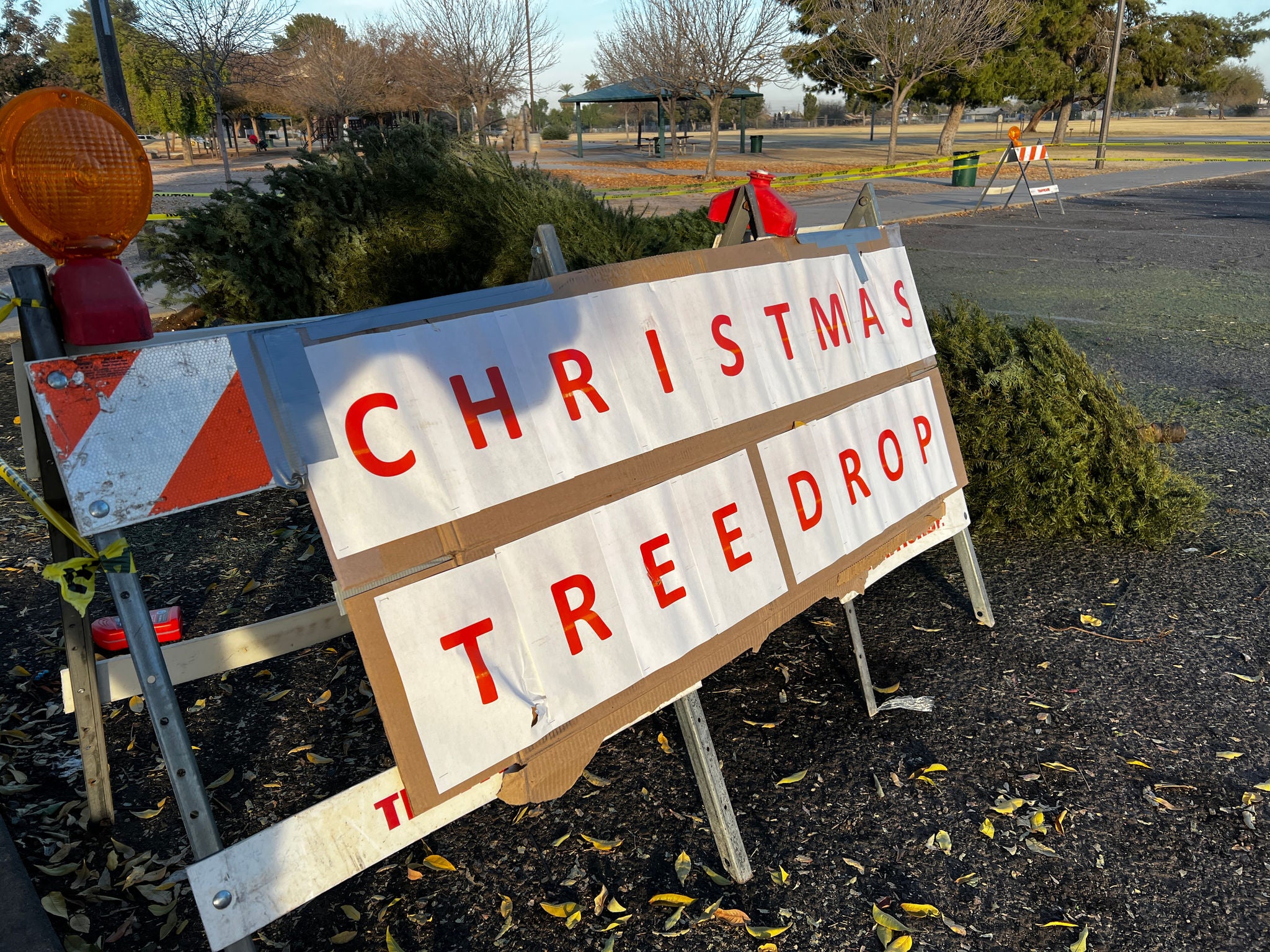 A sign that says 'Christmas tree drop' sits in front of a pile of Christmas trees at a Phoenix Park.
