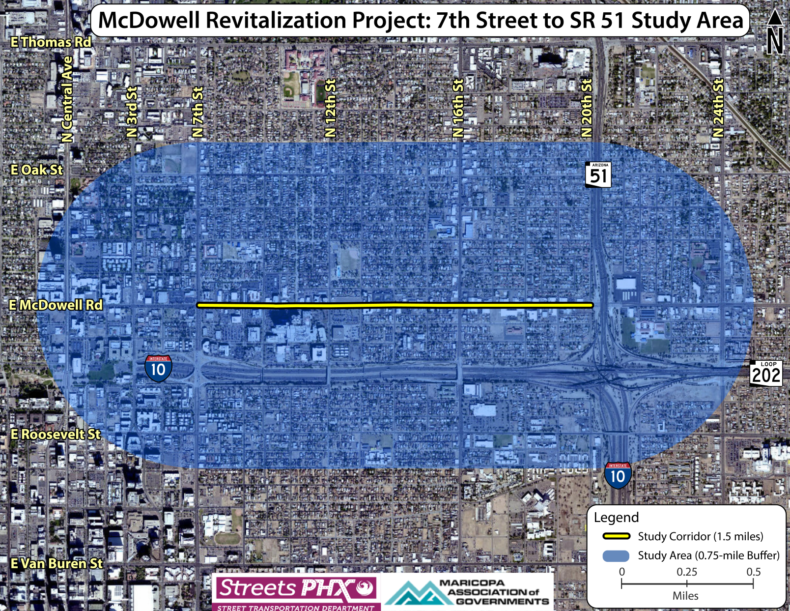 Birds-eye photo of Mcdowell Revitalization Project area, ranging from 7th Street to SR 51.