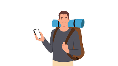 Illustration of a backpacker holding a cell phone.
