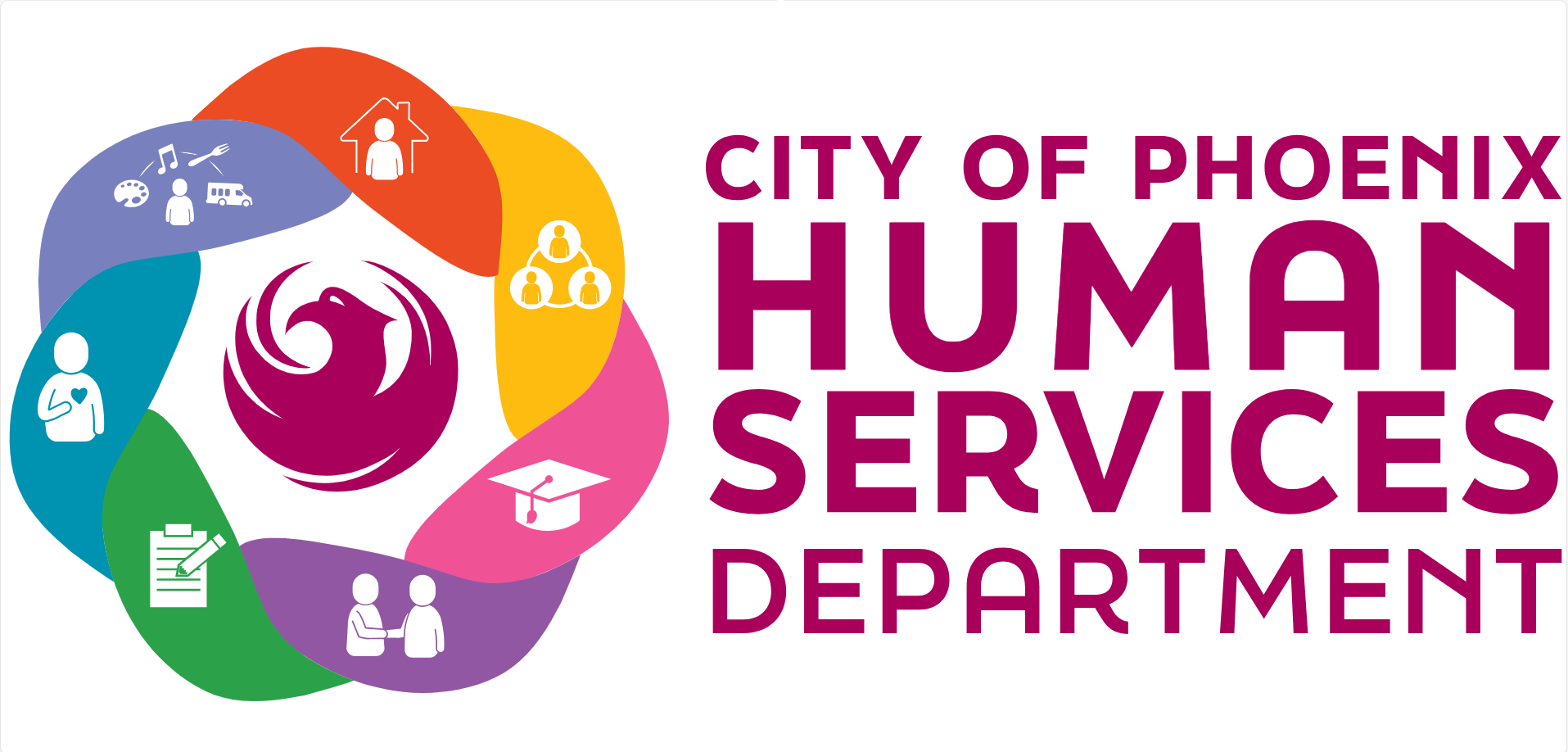 City of Phoenix Human Services Department logo featuring a phoenix emblem surrounded by colorful icons representing housing, education, community support, health, and social services.