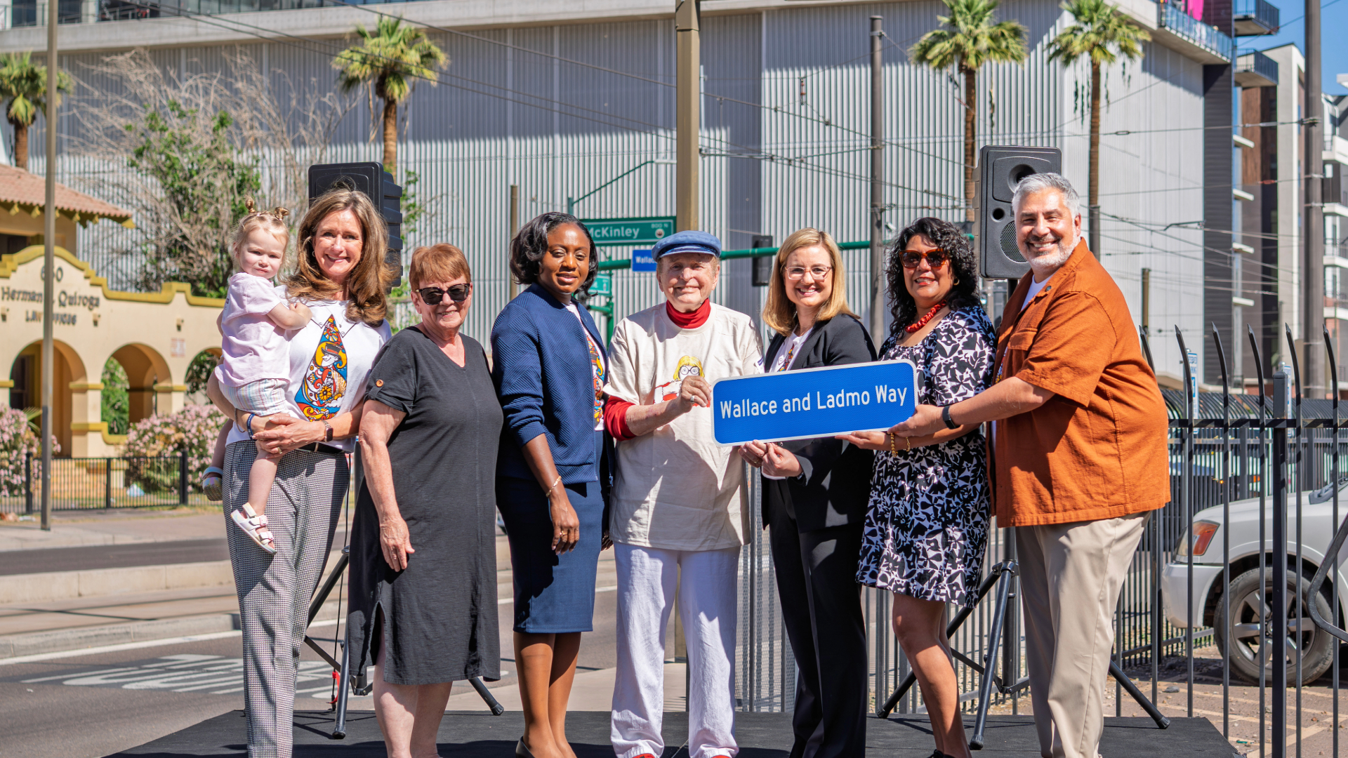 Mayor Kate Gallego, Councilman Carlos Galindo-Elvira and Wallace and Ladmo cast member Pat McMahon gathered to reveal the “Wallace and Ladmo Way” 